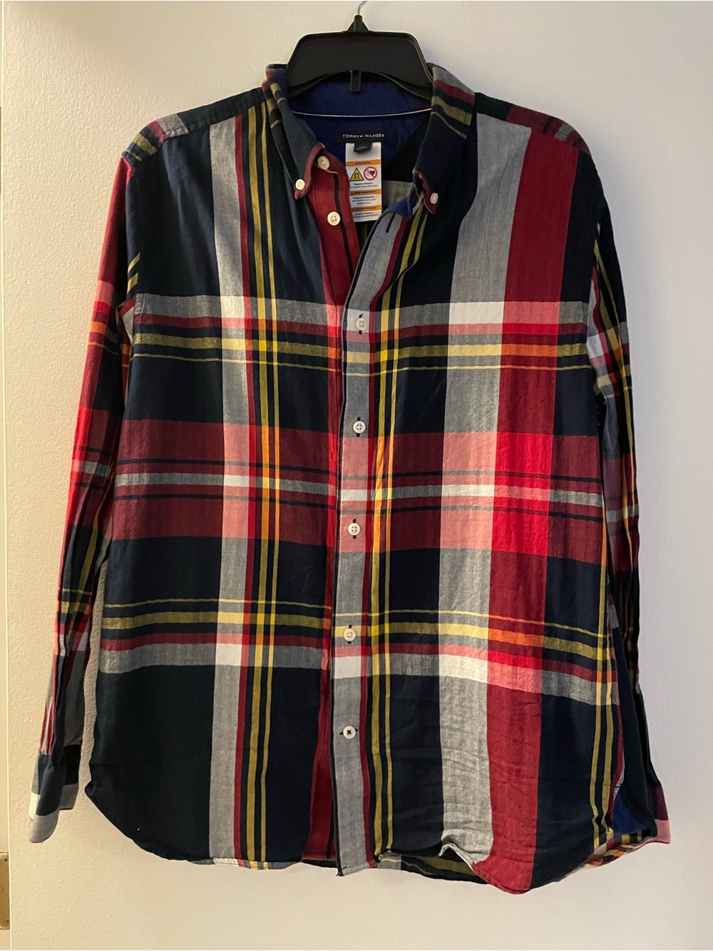 Tommy Hilfiger Adaptive Red, Navy & Yellow Plaid Magnetic Button-Down Shirt